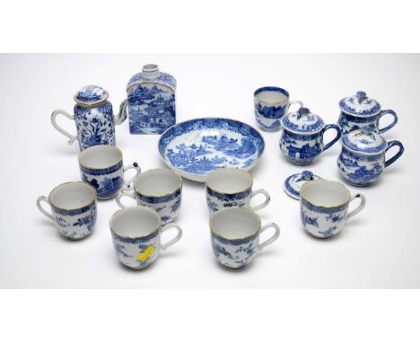 A set of six Chinese export blue and white coffee cups, Qianlong, decorated with a basket of flowers below a cellular border;