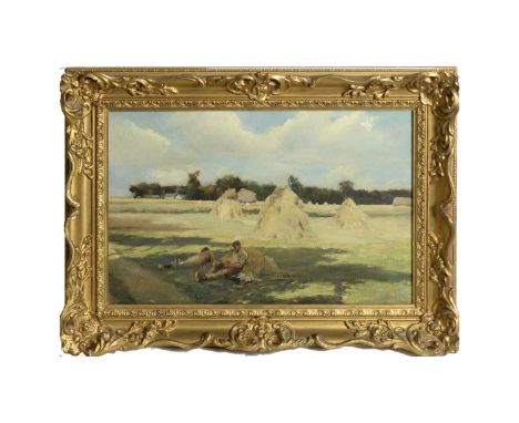Ugo Valeri(Italian, 1874-1911)Recumbent Hay Rakers; Impressionist view,signed,oil on canvas,29 x 44cms, framed.Provenance: Ma