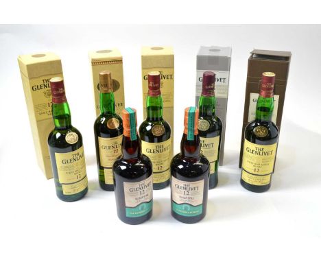The Glenlivet Single Malt Scotch Whisky, seven bottles: five bottles 40% vol, boxed (one leather); two bottles Illicit Still,
