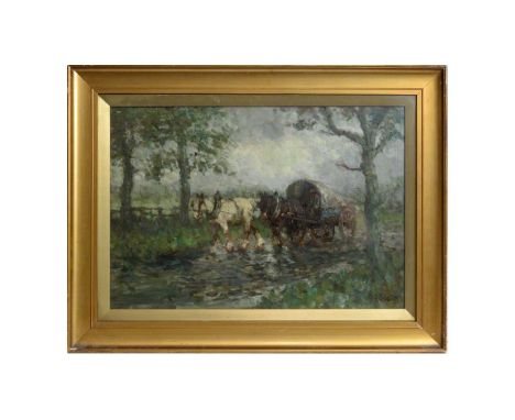 John Falconar Slater(1857-1937)Dappled Light Illuminates a Horse-Drawn Carriage,signed,oil on board,35 x 51cms, framed.