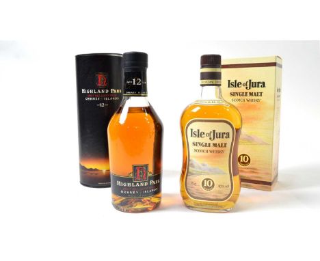Highland Park single malt scotch whisky Orkney Islands, 12 years, 40% vol, 70cl, tubed; Isle of Jura single malt scotch whisk