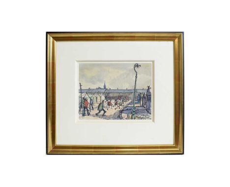 Norman Stansfield Cornish(1919-2014)"Children Playing Football Near 'Prefab' Garages, Spennymoor",signed,watercolour and Flo-