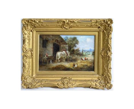 Walter Hunt(1861-1941)Farmyard Companions; depicting stable hand playing with a dog, in the company of a horse and chickens,s