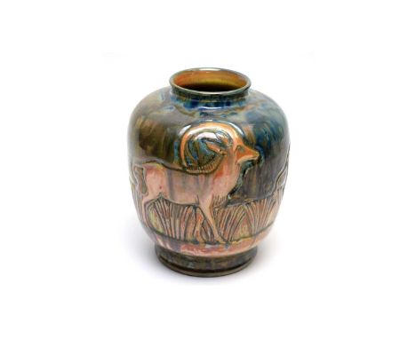 Richard Joyce for Pilkington's Royal Lancastrian: a Royal Lancastrian vase, by Richard Joyce, 1920's, decorated in relief wit