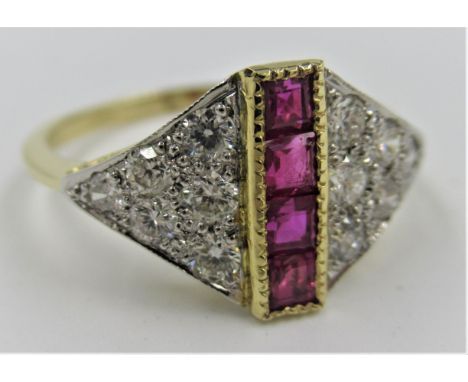 18ct Yellow gold ring set with a central strip of rubies flanked by diamonds, size N.5 