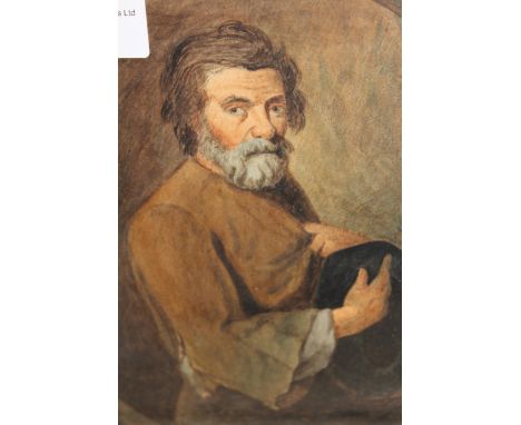 19th Century Flemish school, watercolour, half length portrait of a man holding a hat, unsigned, 7ins x 6ins approximately, i