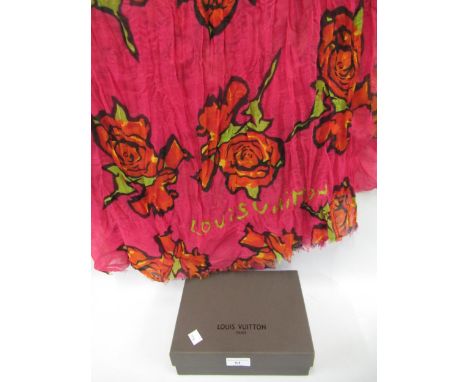 Louis Vuitton, rose decorated scarf with box196cm x 140cmVarious pulled threads to edges 