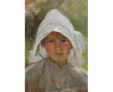 In the manner of George Clausen, early 20th Century oil on panel, head and shoulder portrait of a young lady wearing a white 