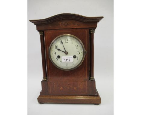 Edwardian mahogany marquetry inlaid mantel clock, the circular enamel dial with Arabic numerals and two train movement striki