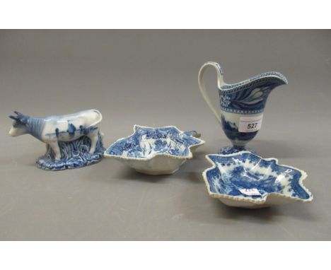 19th Century Wedgwood blue transfer printed cream jug, together with two English pickle dishes (one at fault) and a Delftware