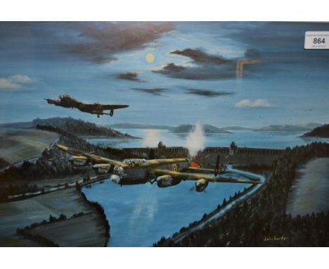 John Larder, signed colour print ' Operation Chastise ', signed by various pilots together with John Young, signed Limited Ed