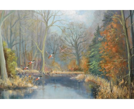 Shirley Carnt, late 20th Century oil on canvas, titled ' Shovellers in Autumn ', ducks in flight above a pond, signed and fra