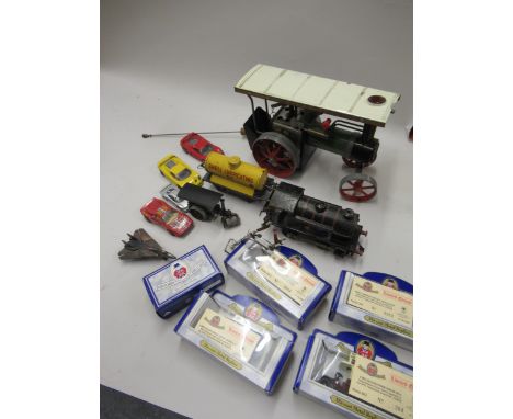 Mamod model traction engine, a clockwork railway engine and goods wagon and a quantity of various diecast metal model vehicle