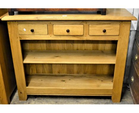 Modern light oak side cabinet with three drawers above two open shelves, 47ins wide 