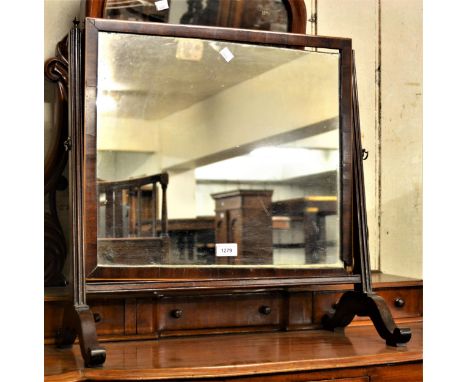 Rectangular mahogany and inlaid swing frame toilet mirror, together with a pine framed wall mirror 