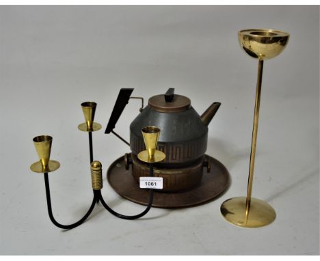 Mid to late 20th Century Swedish brass and steel three light candelabra, similar candlestick and a Continental Art Deco kettl