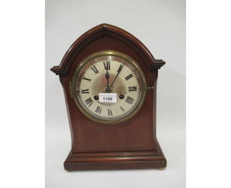 Large Edwardian mahogany marquetry inlaid arched top mantel clock, the enamel dial with Roman numerals and two train movement