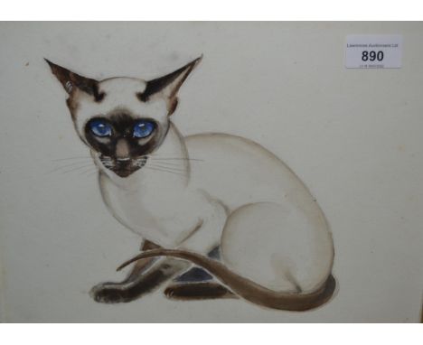 K. Nixon, signed watercolour and pencil portrait of a Siamese cat, 10ins x 12.5ins 