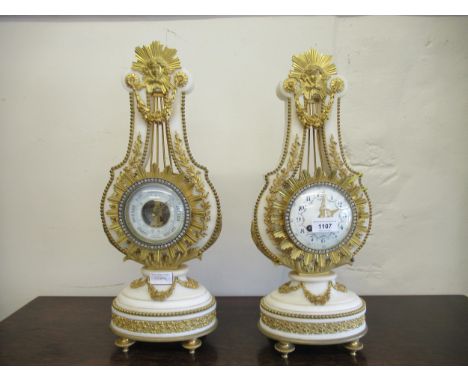 Good quality 19th Century French marble ormolu mounted lyre clock with accompanying matching barometer, the clock with enamel