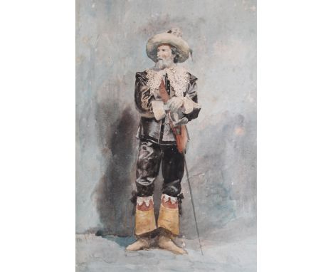 Two unframed watercolours, portrait of a 17th Century gentleman with a sword, signed M. Rioja ? and study of Roman ruins, sig