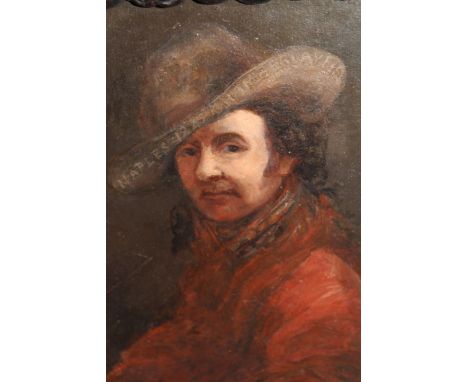 19th Century oil on card, portrait of a gentleman in a red coat, signed and inscribed ' Naples 1847 ' on  hat rim, 8ins x 6in