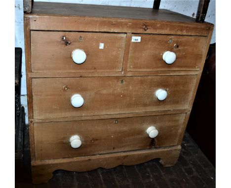 19th Century pine chest of two short above two long drawers with ceramic knob handles, 32ins high x 32ins wide x 17.5ins deep