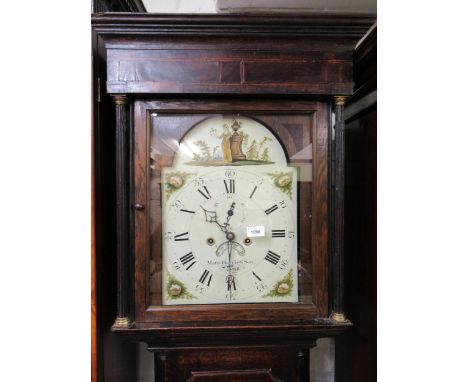 George III oak longcase clock, the arched painted dial with Arabic and Roman numerals, subsidiary seconds and calendar apertu