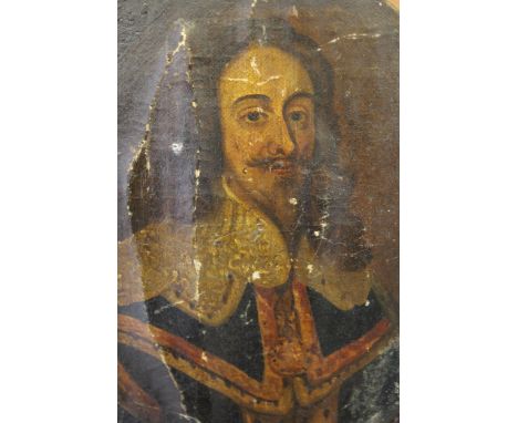 Small antique oil painting on canvas laid down on panel, portrait of Charles I, oval, 6.75ins x 5.5ins approximately (for res