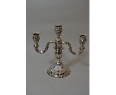 Continental silver (835 mark) three light candelabra, 11ins high, 15oz 