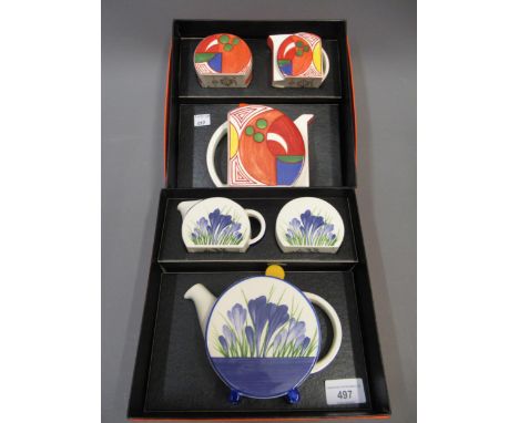 Wedgwood Clarice Cliff Bizarre reissue ' Bonjour ' teaset, in blue crocus pattern, together with another in melon pattern, bo