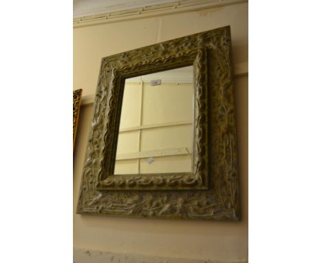 Reproduction painted carved wooden rectangular wall mirror, 26ins x 22ins together with a French grey painted wooden hanging 