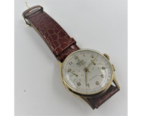 Gentleman's 18ct gold cased chronograph wristwatch, ' Walker Extra ', the silvered dial with Arabic numerals and two subsidia