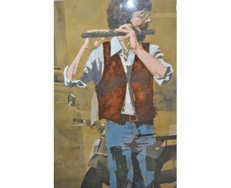 Mid 20th Century mixed media study, portrait of a flautist, signed indistinctly, 29ins x 20.5ins, gilt framed 