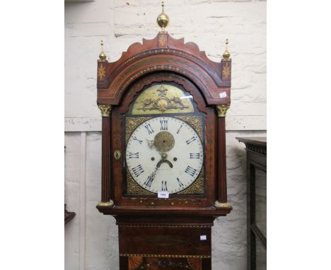 George III  mahogany inlaid and painted longcase clock, the broken arch hood with brass ball finials and flanking Corinthian 