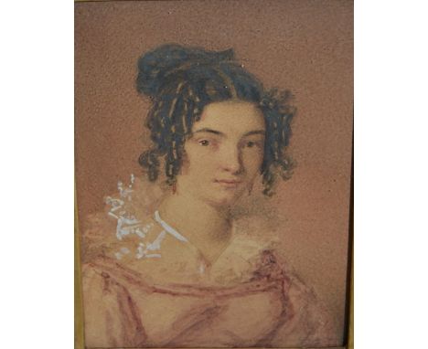19th Century miniature portrait of a young lady on card with ringlet hair, ornate gilt framedThe frame is contemporary but po