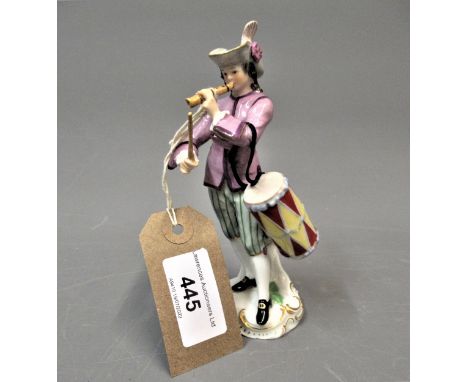 Late Meissen figure of a boy musician with pipe and drum, blue cross swords and impressed marks to base, 5.5ins high 