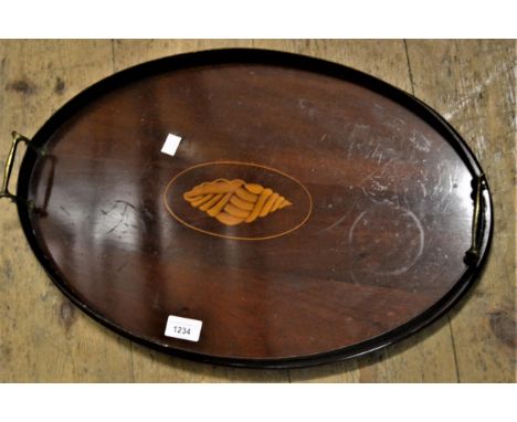 Edwardian mahogany oval two handled shell inlaid tray, reproduction yew wood dressing table mirror with drawers and another s