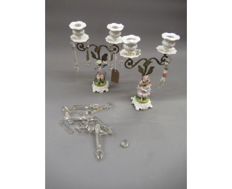 Pair of late 19th Century Continental porcelain ormolu and glass twin light candelabra (with damages) 