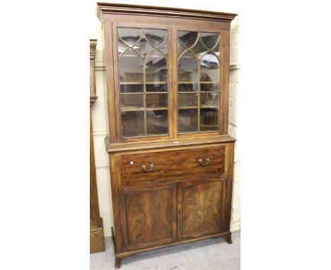 19th Century mahogany line inlaid secretaire bookcase having moulded cornice above two bar glazed doors with adjustable shelv