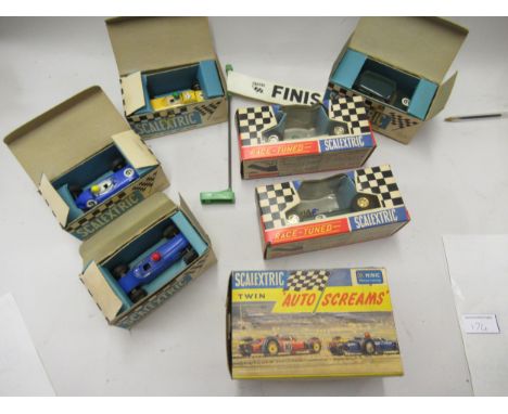 Quantity of Vintage Scalextric including six cars in original boxes, miscellaneous track and other accessories 