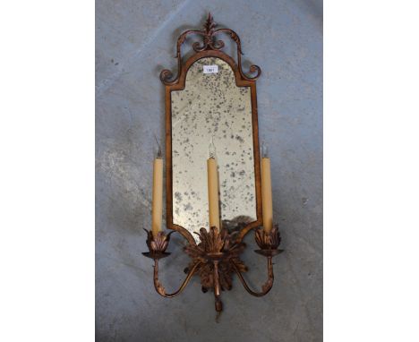 Pair of reproduction gilt metal three light girandoles, 32ins high 