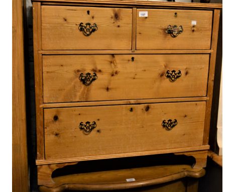 Small 19th Century stripped and polished pine straight front chest of two short and two long drawers with brass handles on br