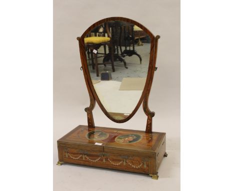 Late 19th / early 20th Century satinwood shield shaped swing frame toilet mirror, the box base decorated with painted designs