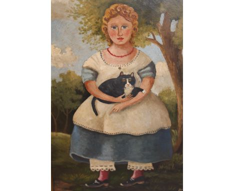 20th Century naive style American school, oil on board portrait of a child with a cat, 9.5ins x 7insLate 20th Century, there 