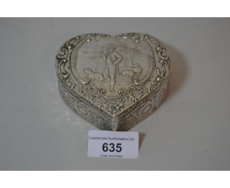 Continental silver heart shaped trinket box, the cover embossed with a shepherd in woodlandGood condition, no major dents, da