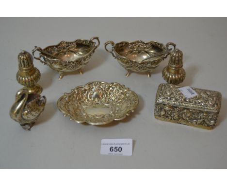 Pair of oval silver salts, pair of silver peppers, rectangular silver box, similar trinket dish and a silver figure of a swan