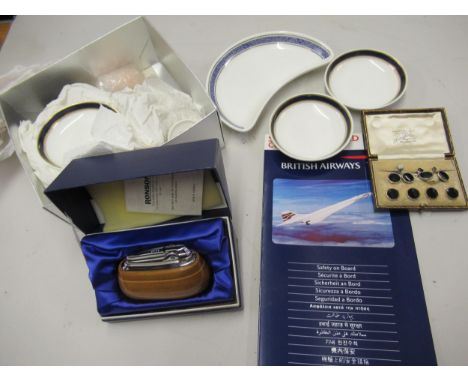 Small quantity of aviation related ephemera, cased part set of silver dress studs and cufflinks and a Ronson table lighter 