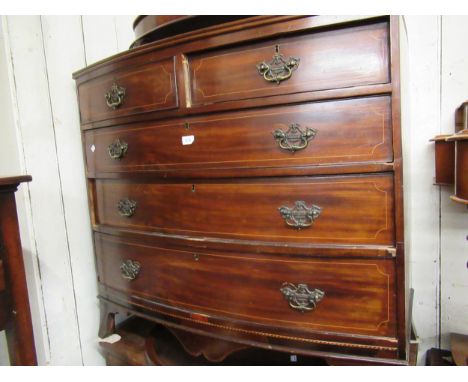 19th Century mahogany and line inlaid bow fronted chest of two short and three long graduated drawers with cast brass handles