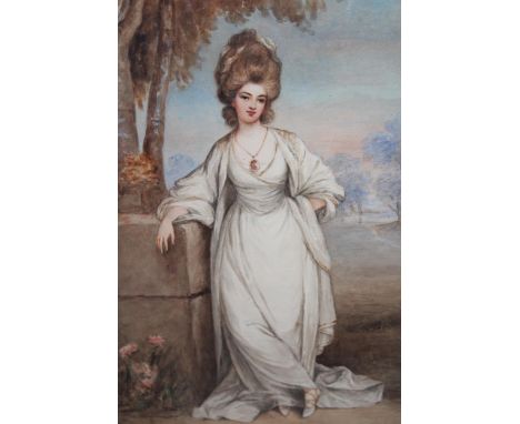 Maplewood framed watercolour, portrait of an 18th Century lady in a landscape, monogrammed and dated 1866, 13ins x 8ins 