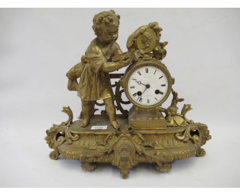 19th Century French gilt patinated spelter figural mantel clock, the enamel dial with Roman numerals, with a two train moveme